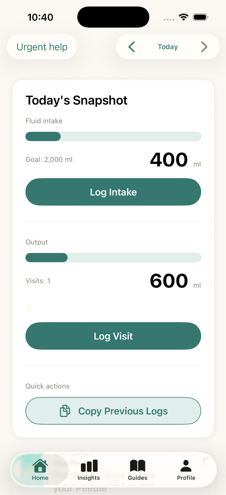 PeePal Today's Snapshot screen showing recorded fluid intake and output